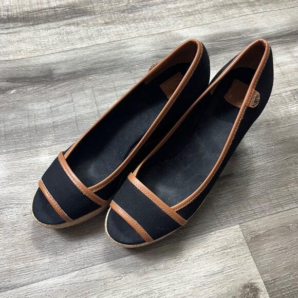 Tory Burch Majorca Espadrilles Wedge Shoes Black Brown Women’s Size 39